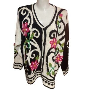 Storybook Knits Black and White Cardigan with Pink Floral Embroidery Size 3X